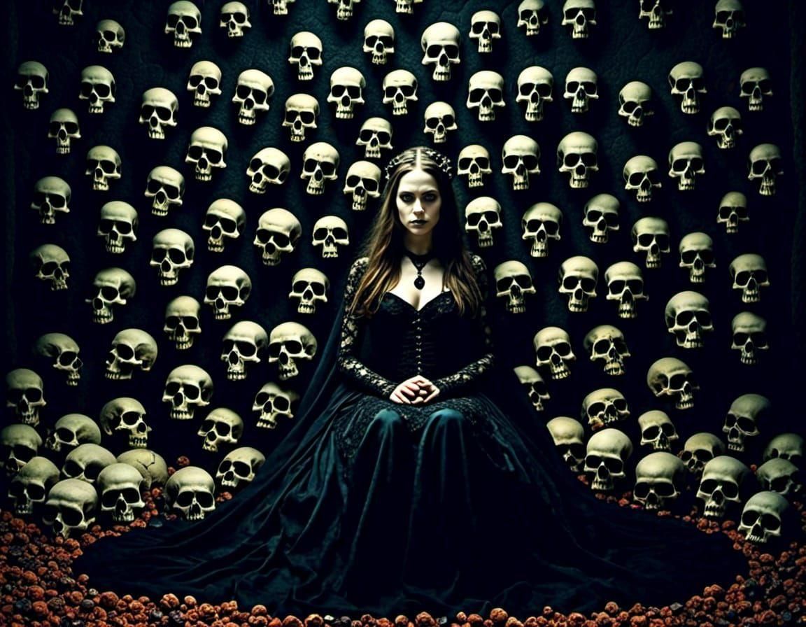 woman in front of wall of skulls