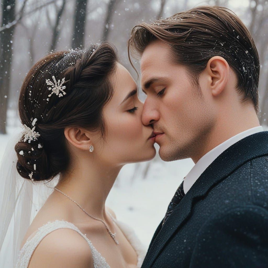 Passionate Winter Kiss in Snowy Wonderland - AI Art
