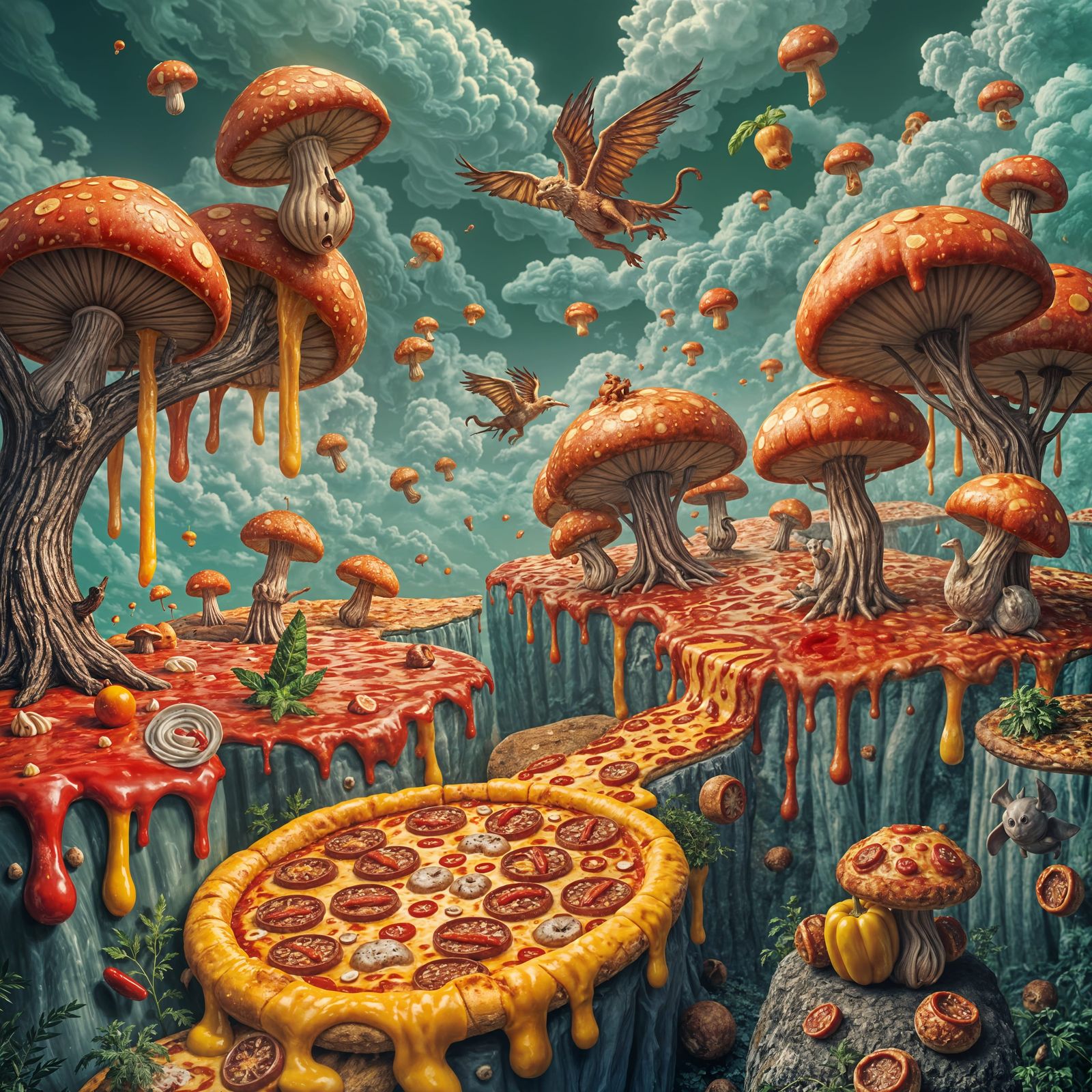 In this fantasy land made with dripping cheese, rivers of red pizza sauce and trees with small pizzas ...  by @Blue_Moon_Tarot By Cherie