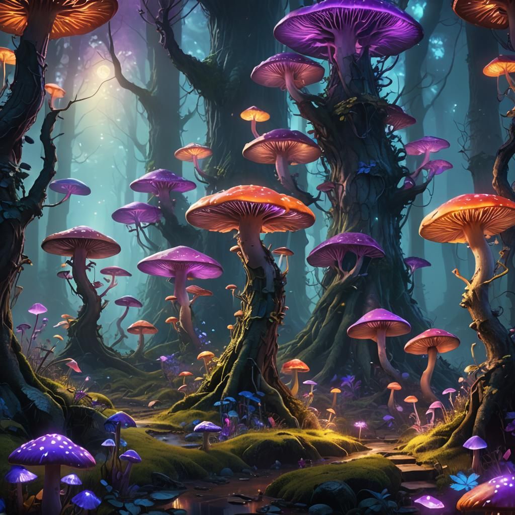 Enchanted Forest with Glowing Mushrooms: Fantasy Art