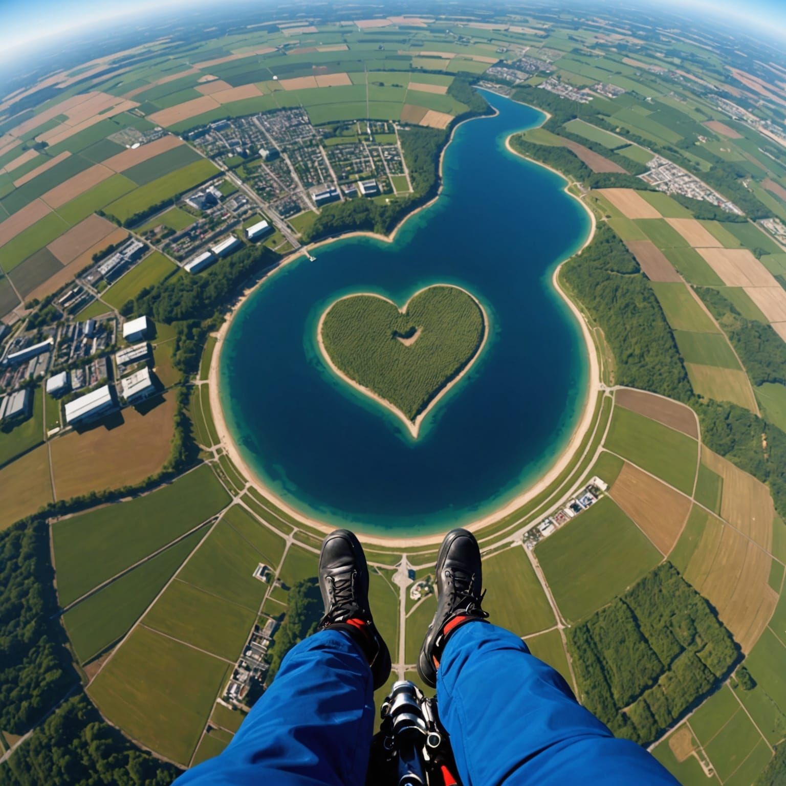 A point-of-view illustration from a skydiver's perspective, looking down at the earth far below. He can see his landing patch is shaped like...