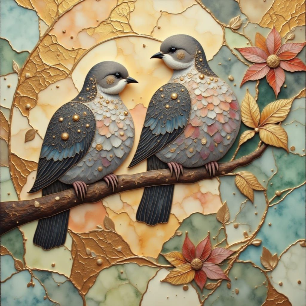 Two doves are opposite with each other, in an oil painting style. rich saturated colors <lora:Earth and aura:1.0> 