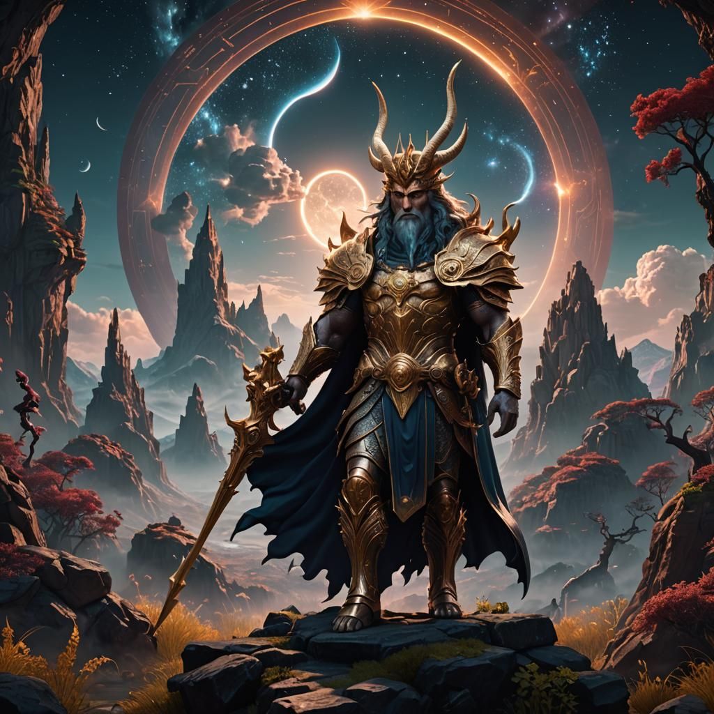 A single mythical god in a celestial realm alone and sad