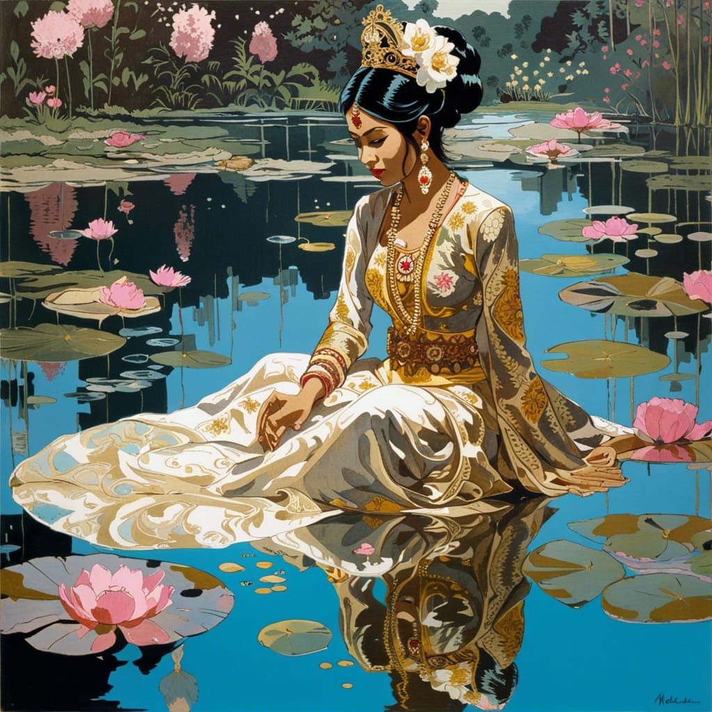 A beautiful ornate Indian Princess touching a mirrored refle...