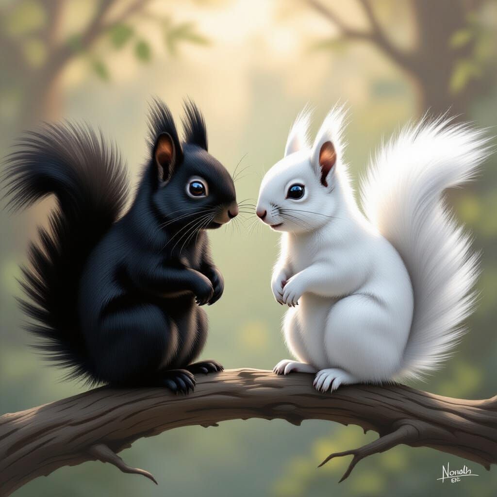 Ultra realistic. A pure black-furred, bright-eyed squirrel with a big, bushy black tail sits on a branch ...  by @Chippy