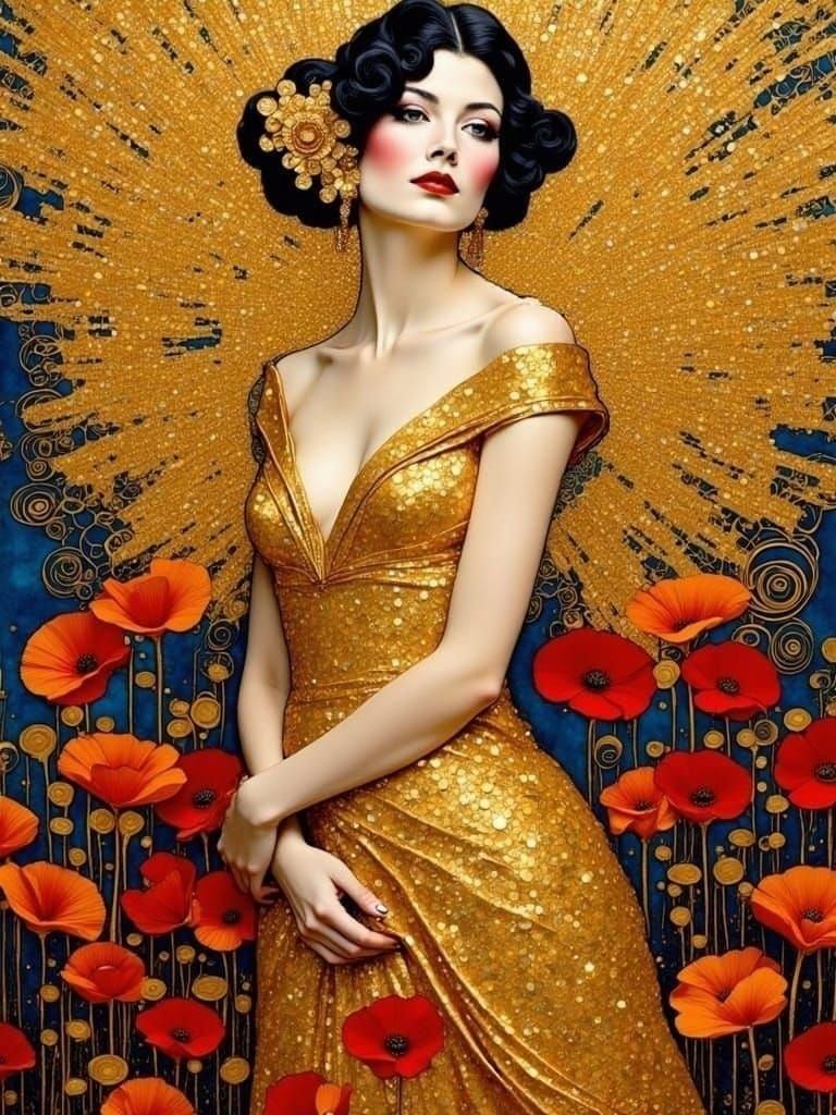 Impressionistic soft focus painting style Adele Bloch-Bauer Golden woman Gustav Klimt ecstatic sparkling glittering gold abstract zentangle...