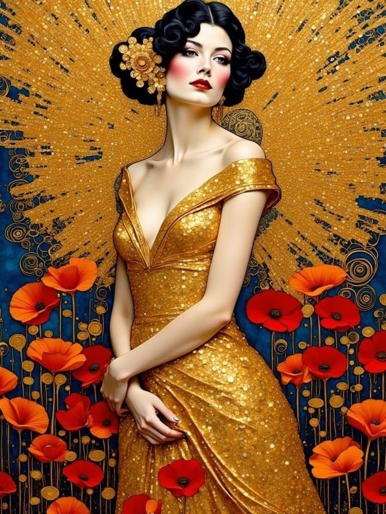 Impressionistic soft focus painting style Adele Bloch-Bauer Golden woman Gustav Klimt ecstatic sparkling glittering gold abstract zentangle...
