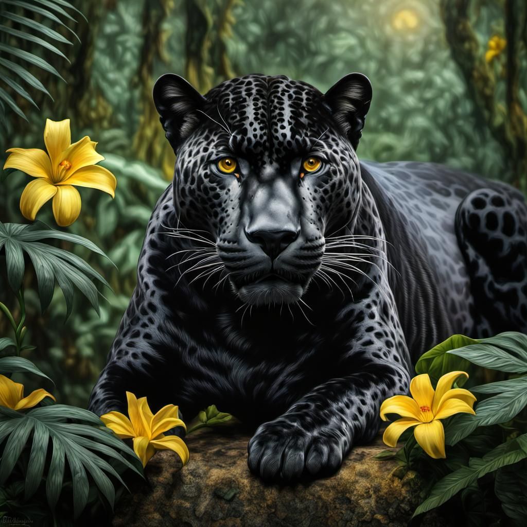 Black Jaguar in Rainforest with Yellow Flowers
