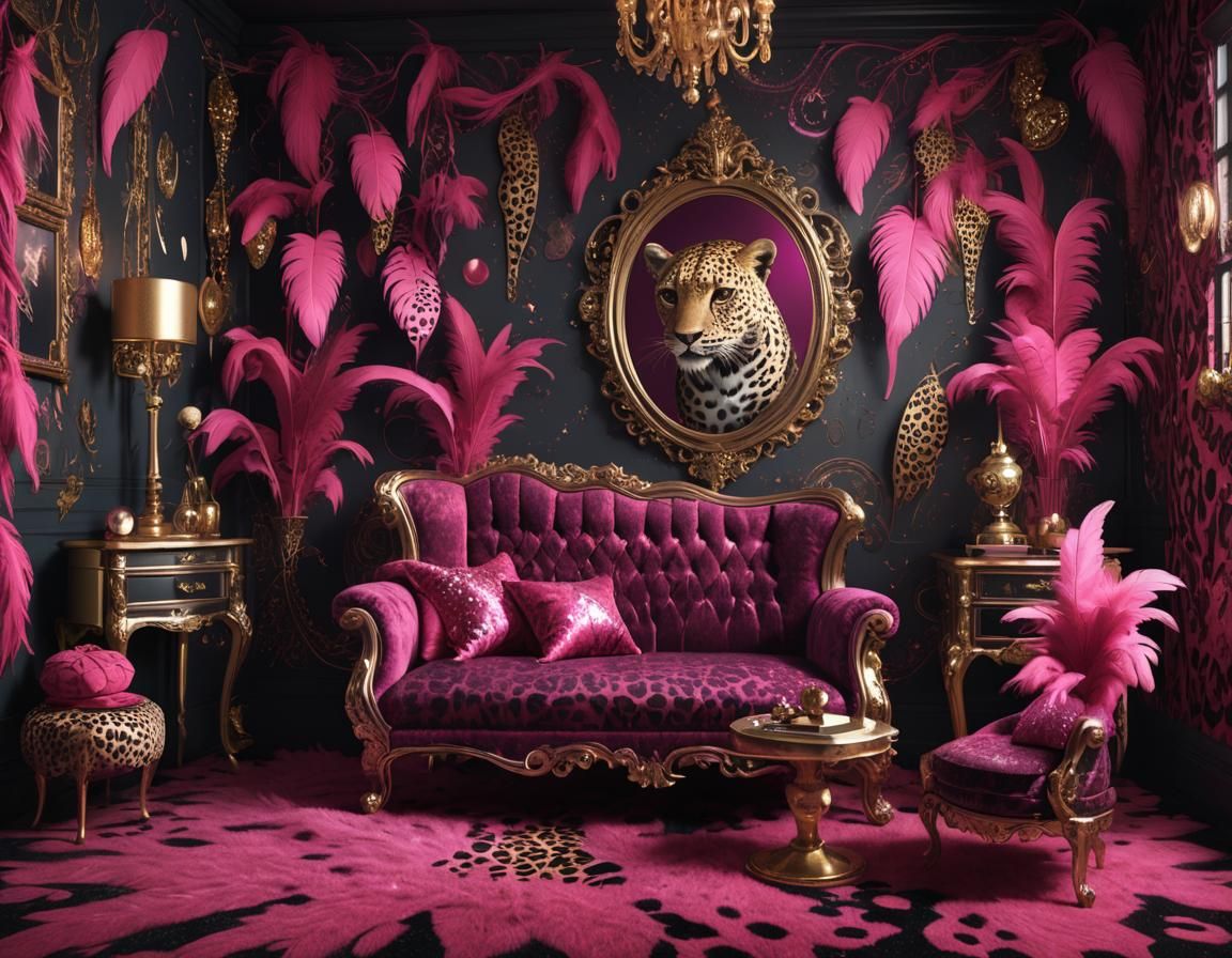 leopard print dark-pink glitter rhinestone feathers tacky glam theme parlor room
