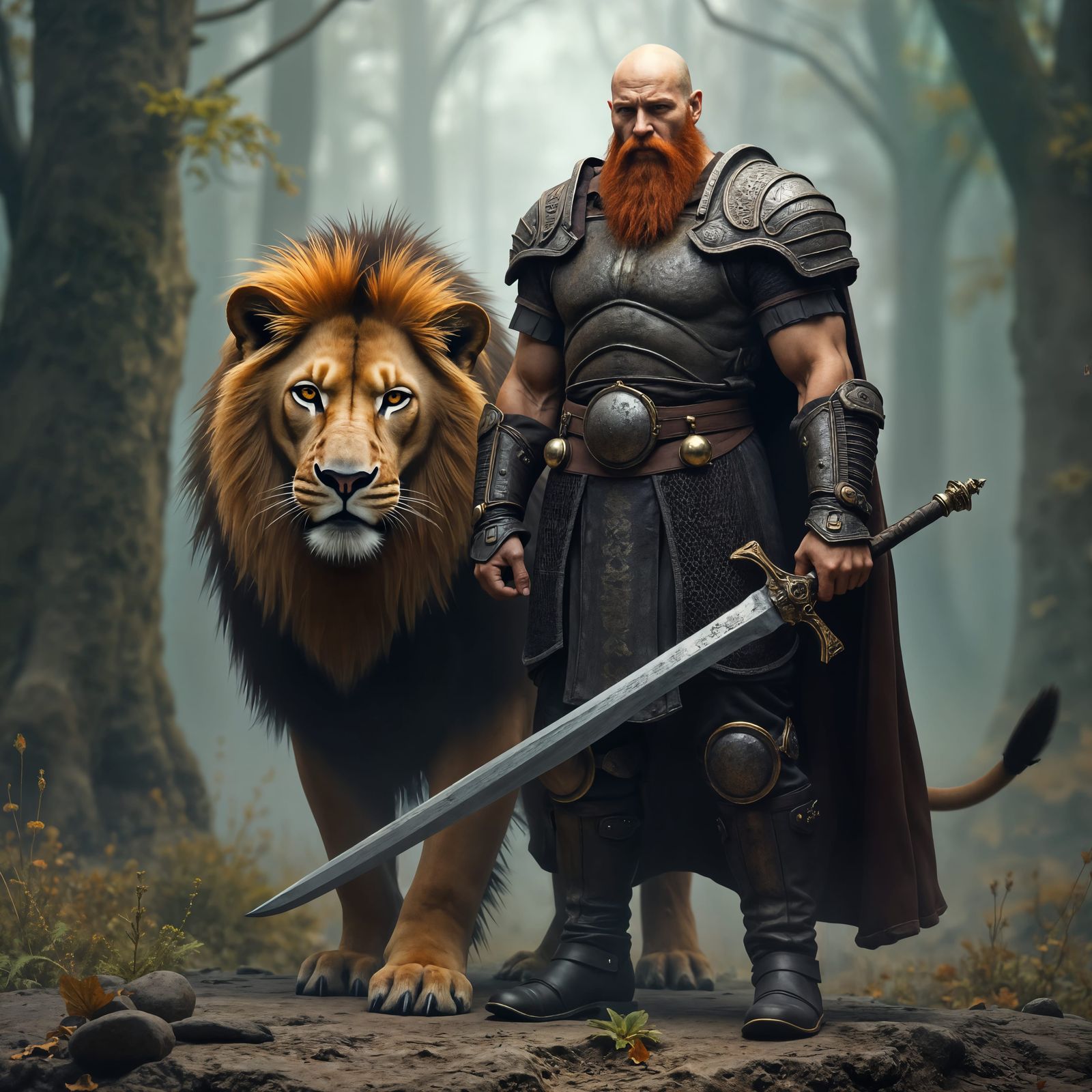 un guerrero calvo y con barbas pelirroja natural que porte con sigo una espada de dos manos y una armadura vikinga muy d...