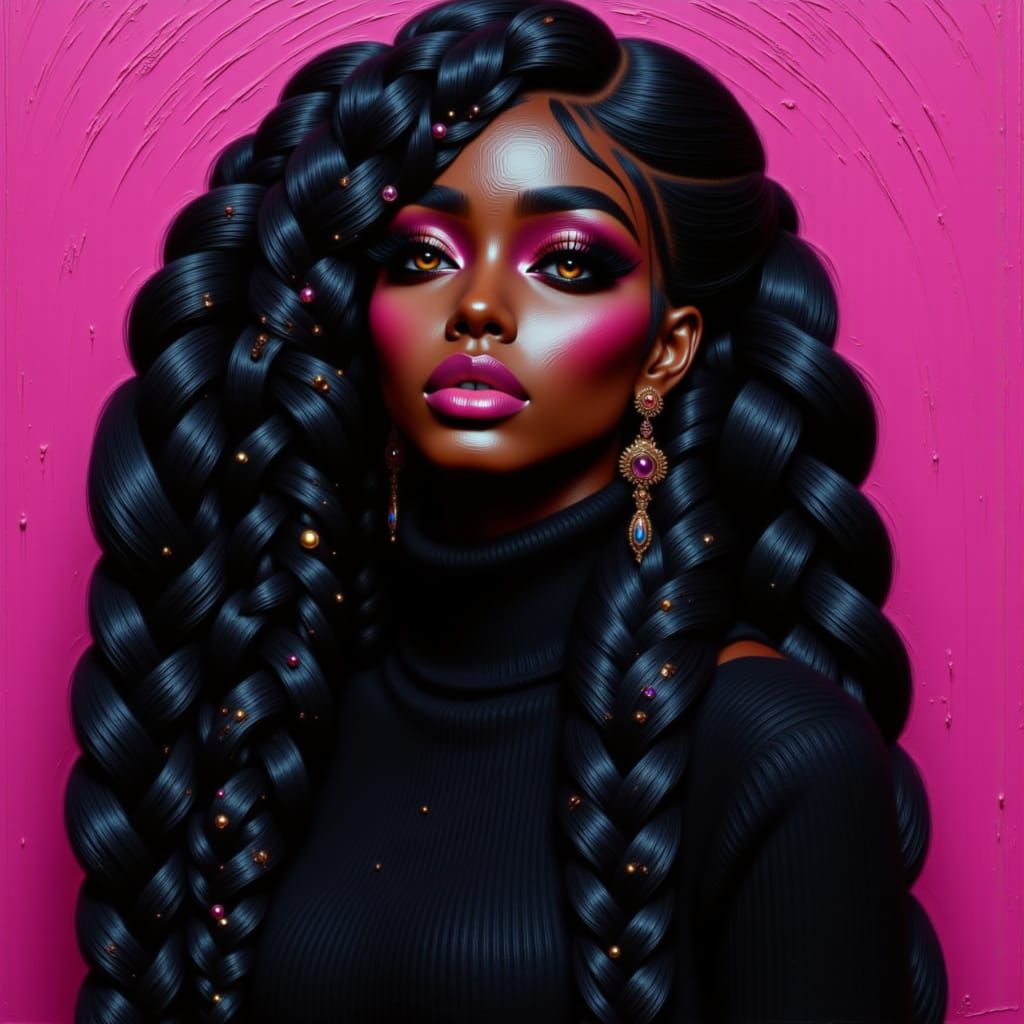 <lora:Braided Echoes:1.0> <lora:Big Hair - RT:1.0> beautiful woman with long braided hair, black turtleneck sweater. In the style of Big Hai...