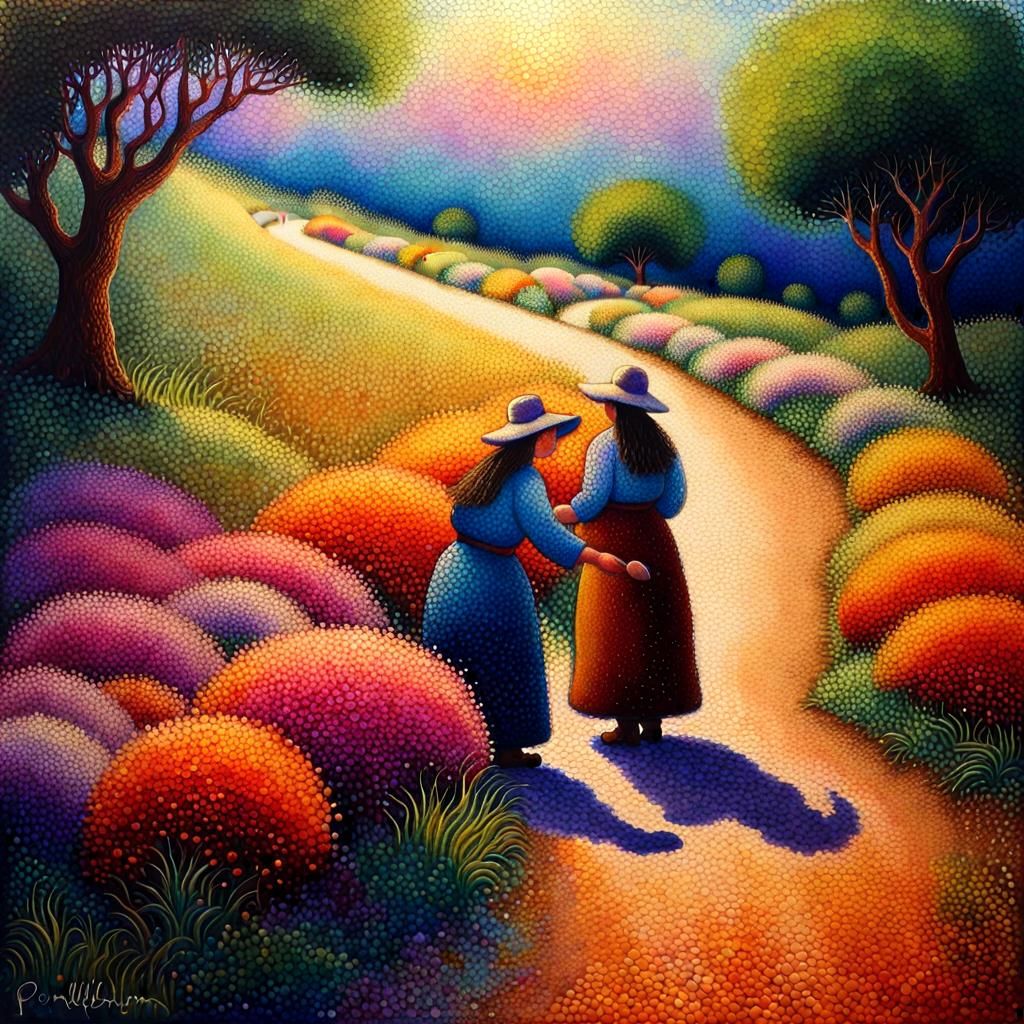 Dwarf women picking flowers along the sides of a dirt road.   by @Lyndsey