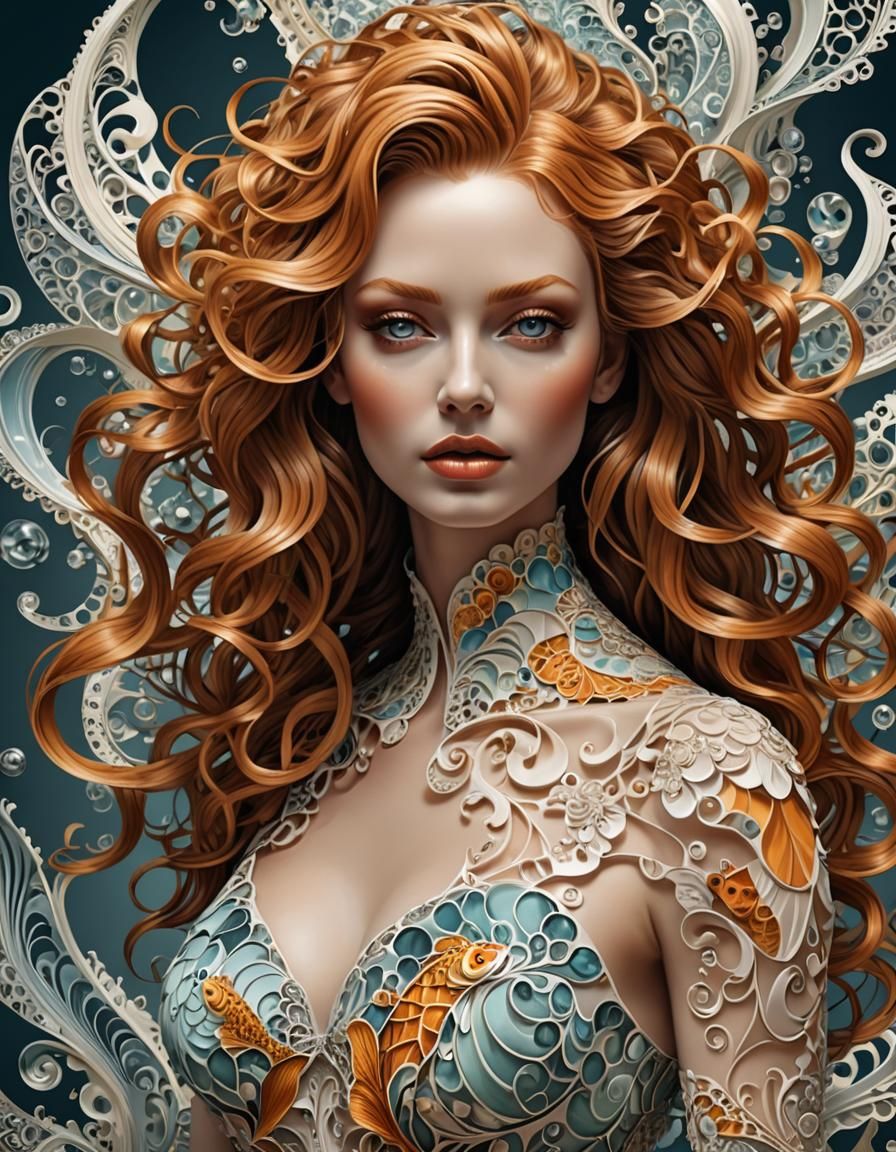 Ginger irish fish monger pale freckeled Skin, crystal glass water, updo long curly hairstyle  by @Reklov