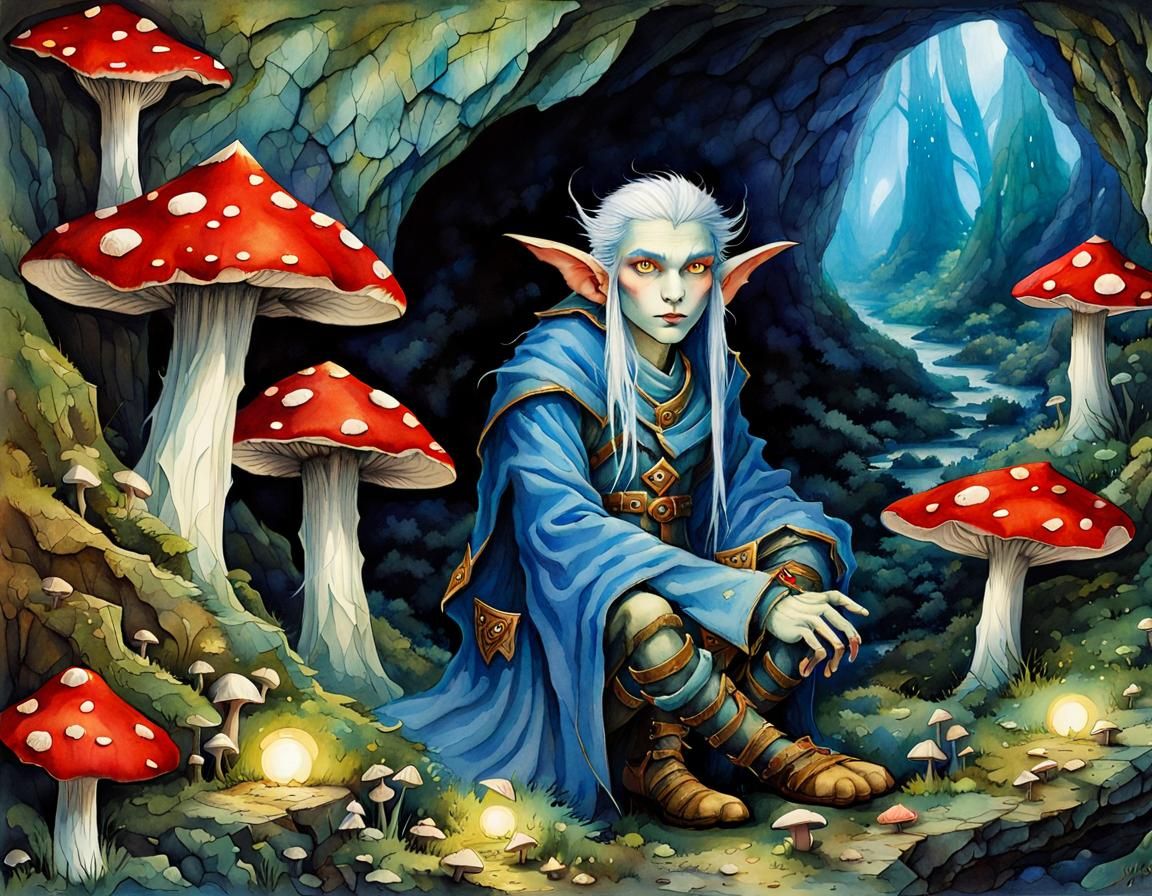 Blue skinned, white haired elf warrior
