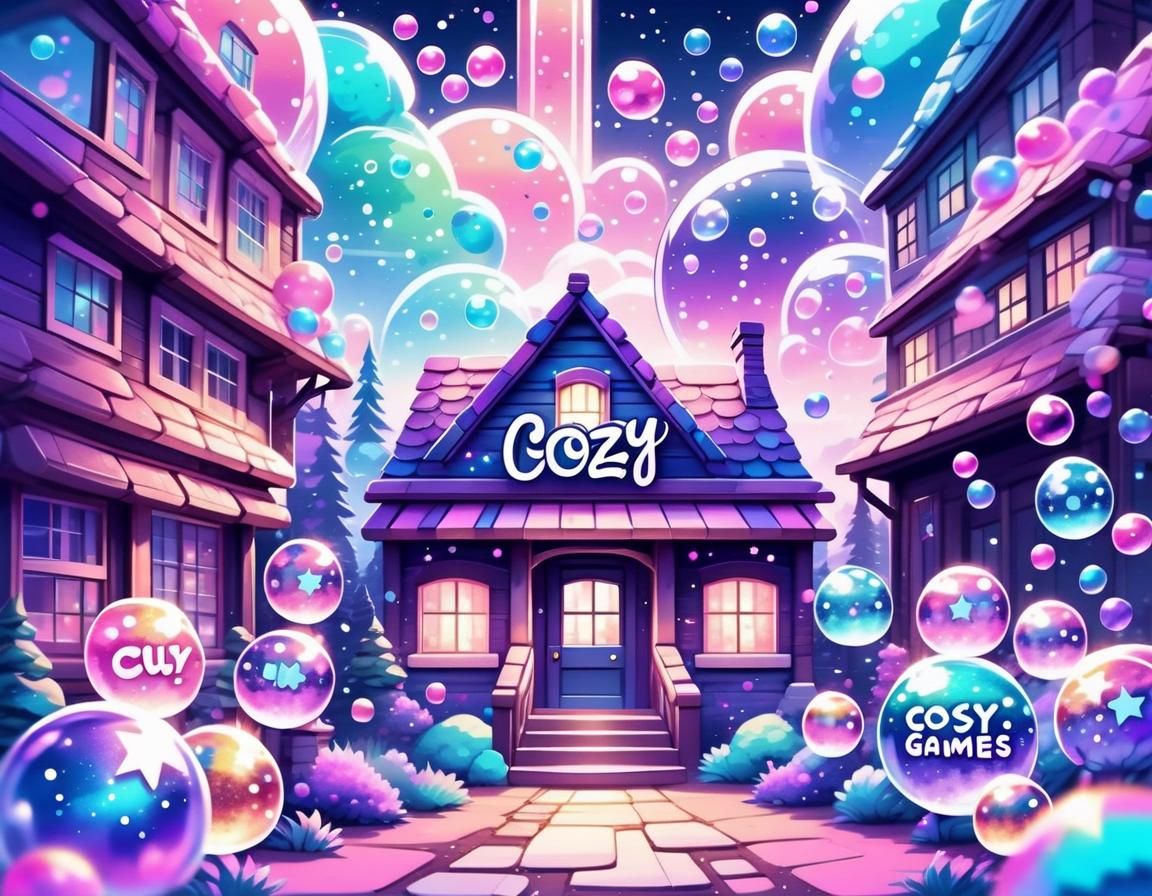 'Cozy Building Games' in bubble style lettering, Cute Pastel Colours Pink Blue Purple Ombre, Sparkles and Iridescent Bubbles, High Contrast,...