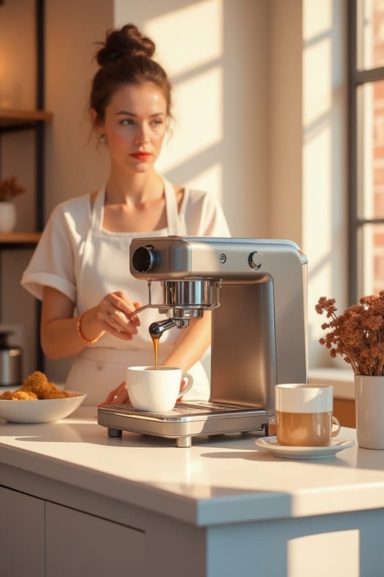 A vibrant, minimalist coffee shop scene...