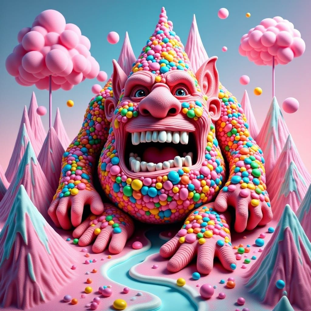 <lora:Candylike:1.0>A giant troll made entirely of many different kinds of candies and bubble gum in bold colors sitting on top of a mountai...