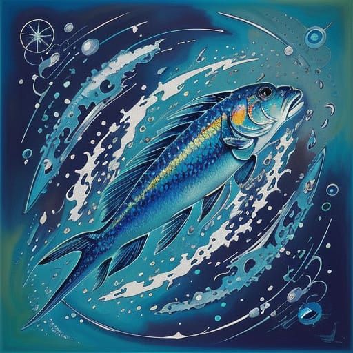Vibrant Oil Painting of a Fish with Blue Inscription