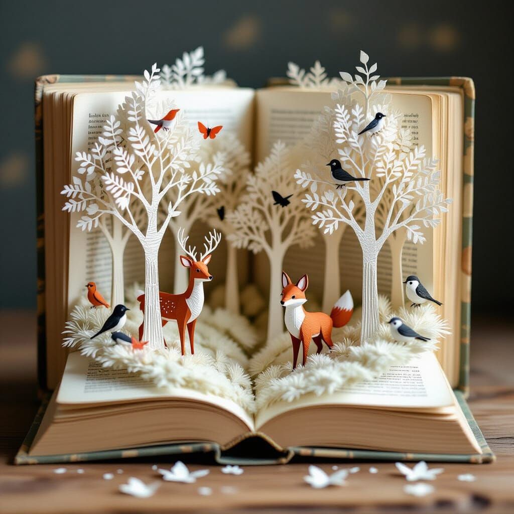 Pop-up scene emerging from an open vintage book. Pages folded, cut, and layered to form a dense paper ...  by @LordSamourai