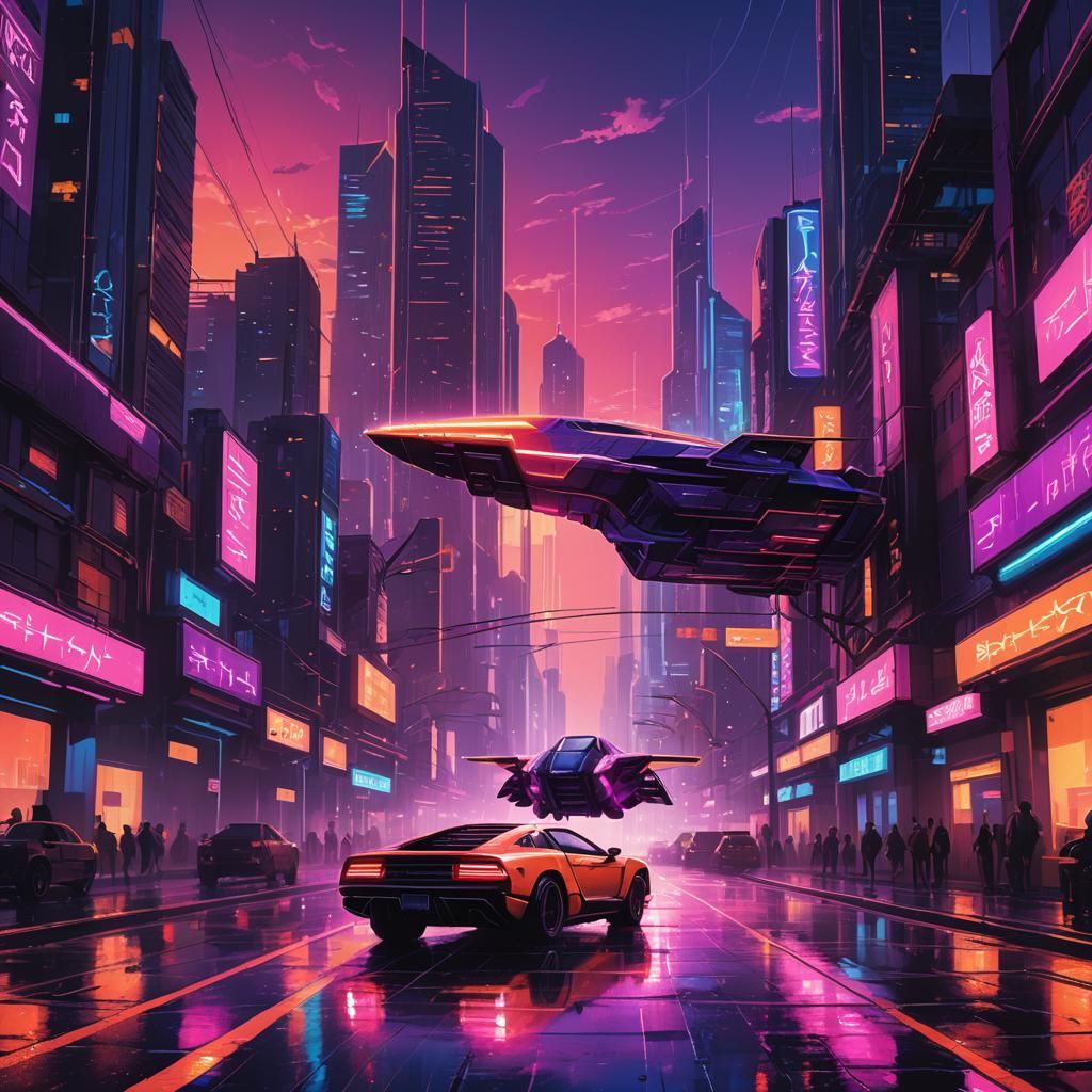 Synthwave Spaceship Landing in Neon Cityscape