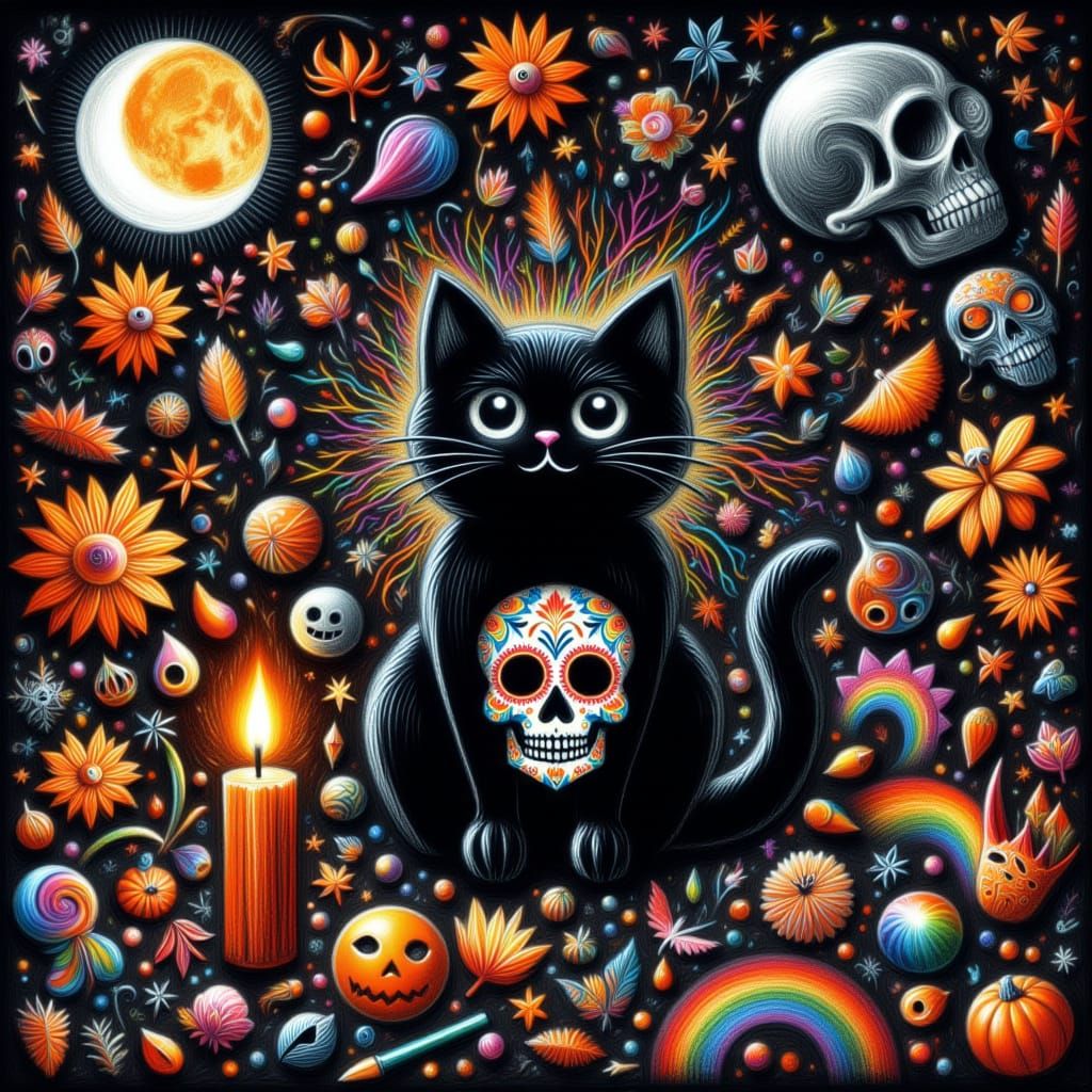 <lora:Black Cat Spooky:1.0> Sugar Skull painted black cat