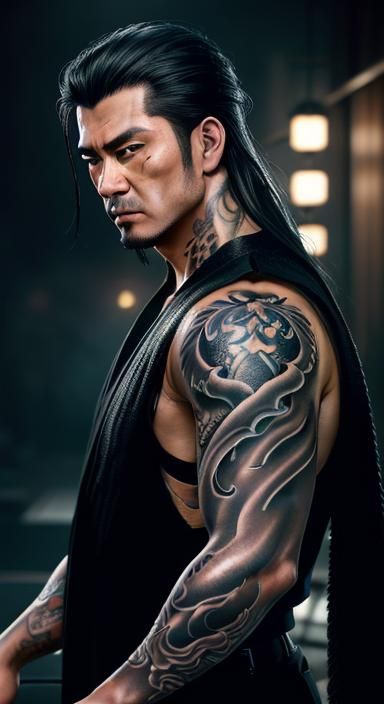 Volumetric Lighting, muscular yakuza boss with many scars an...