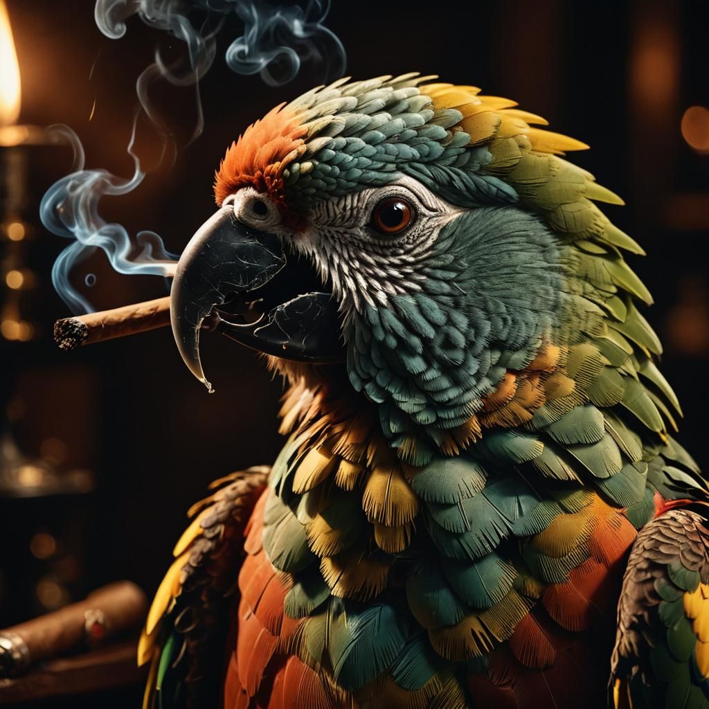 close-up portrait of a parrot smoking a cigar, darreotype, d...