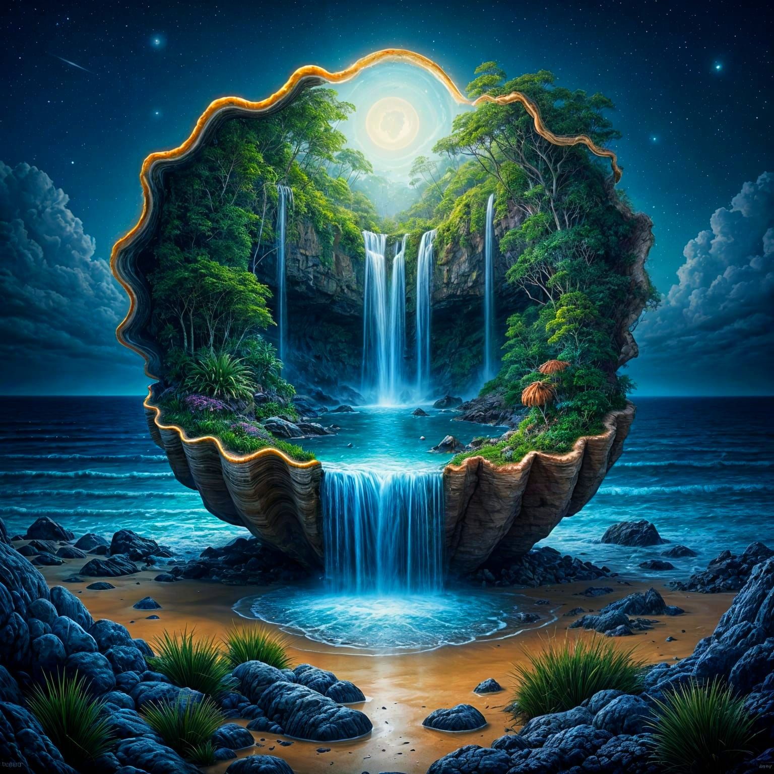 A fantasy shell with a vibrant ecosystem inside, featuring waterfalls, lush greenery, and a glowing starry ...  by @Momo