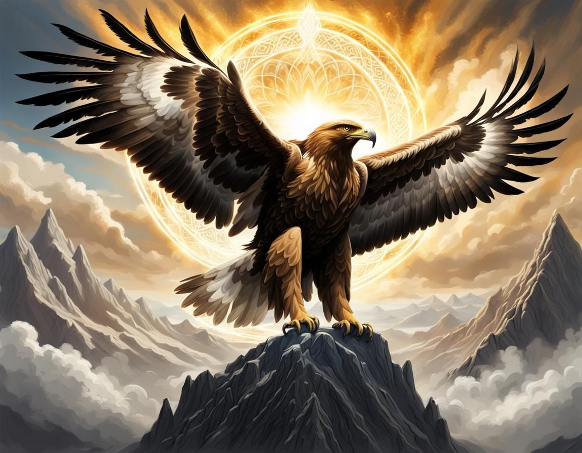 An epic beautiful majestic lordly gothic lord of the rings giant "golden eagle" radiating visible white ...  by @Charlequin