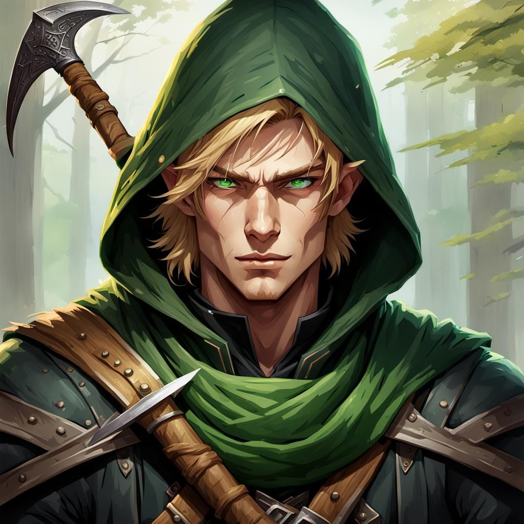 a half-elf male in his twenties with light hazel hair and green eyes ...