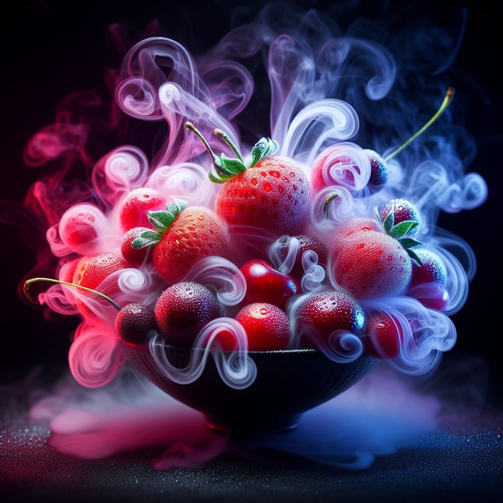 Bowl of fruits under UV light