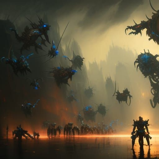 Knight fighting a horde of machines