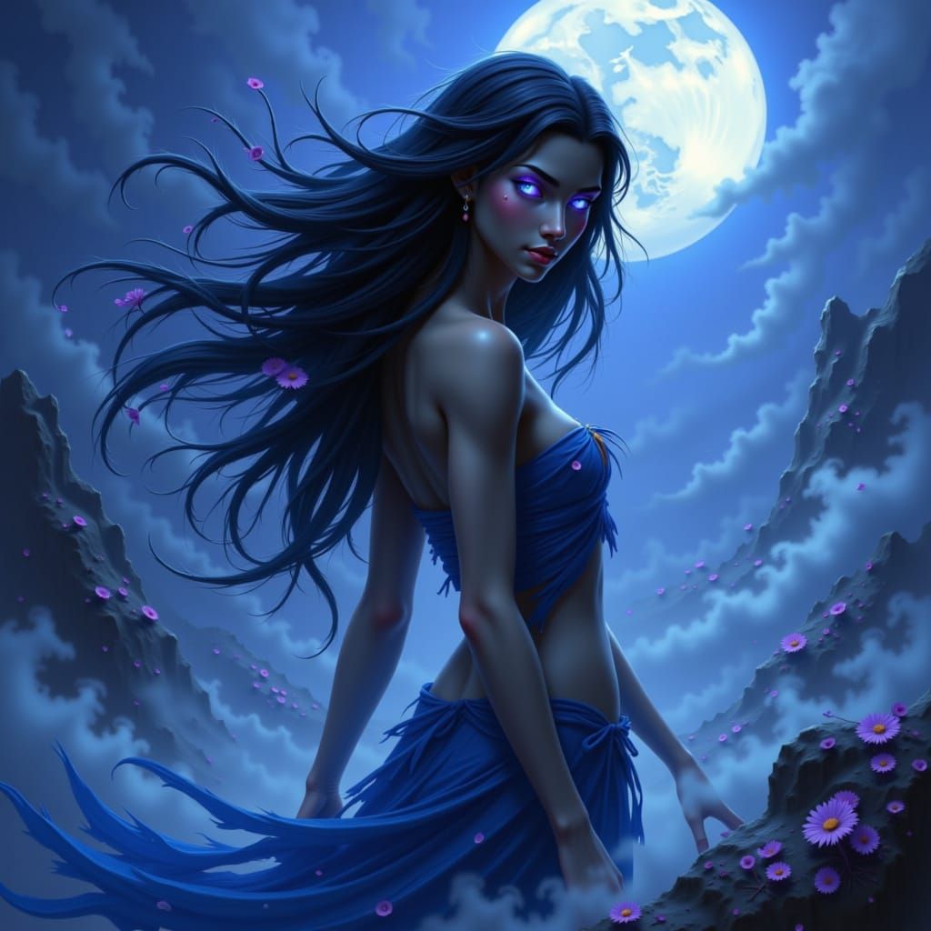 Ethereal fantasy art. Medium shot. A slender, slightly muscular Moon Goddess with long, flowing dark blue hair and light blue skin stands am...