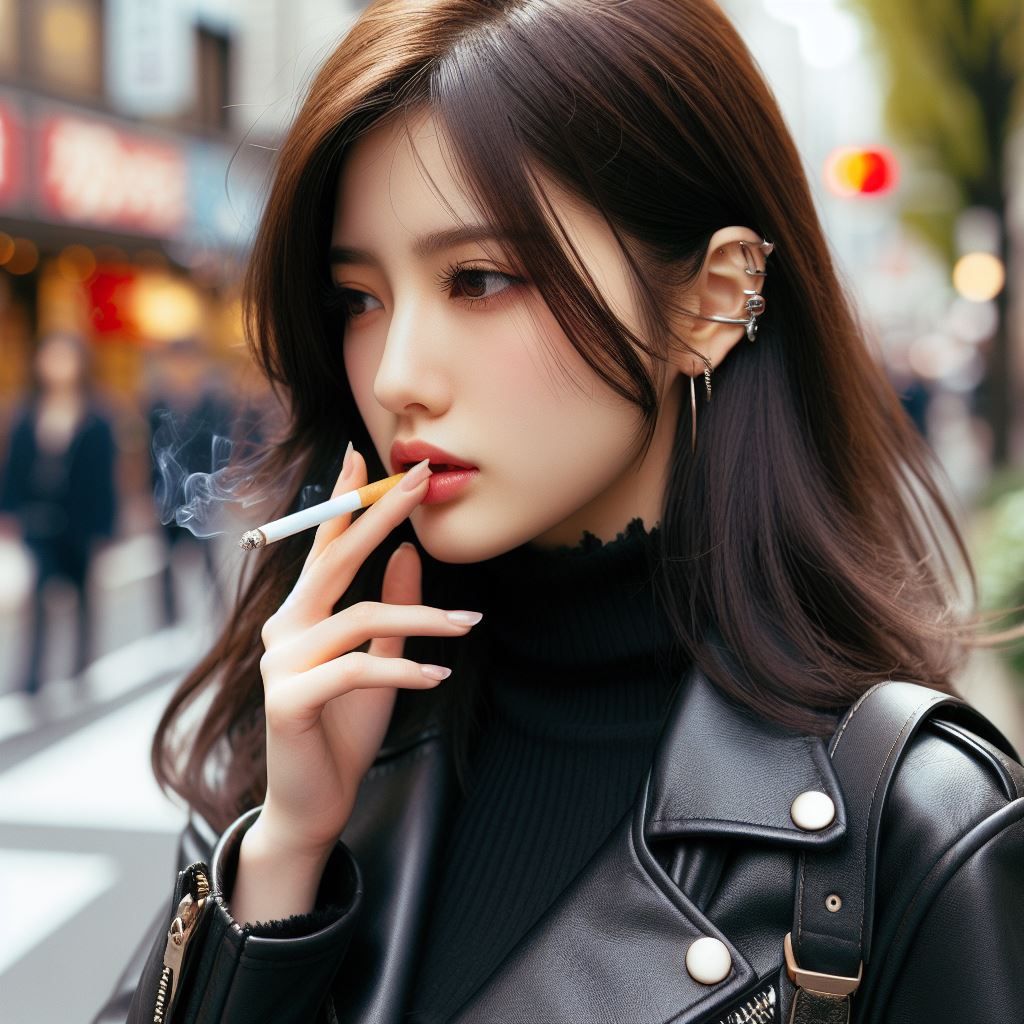 Japanese girl in leather, smoking