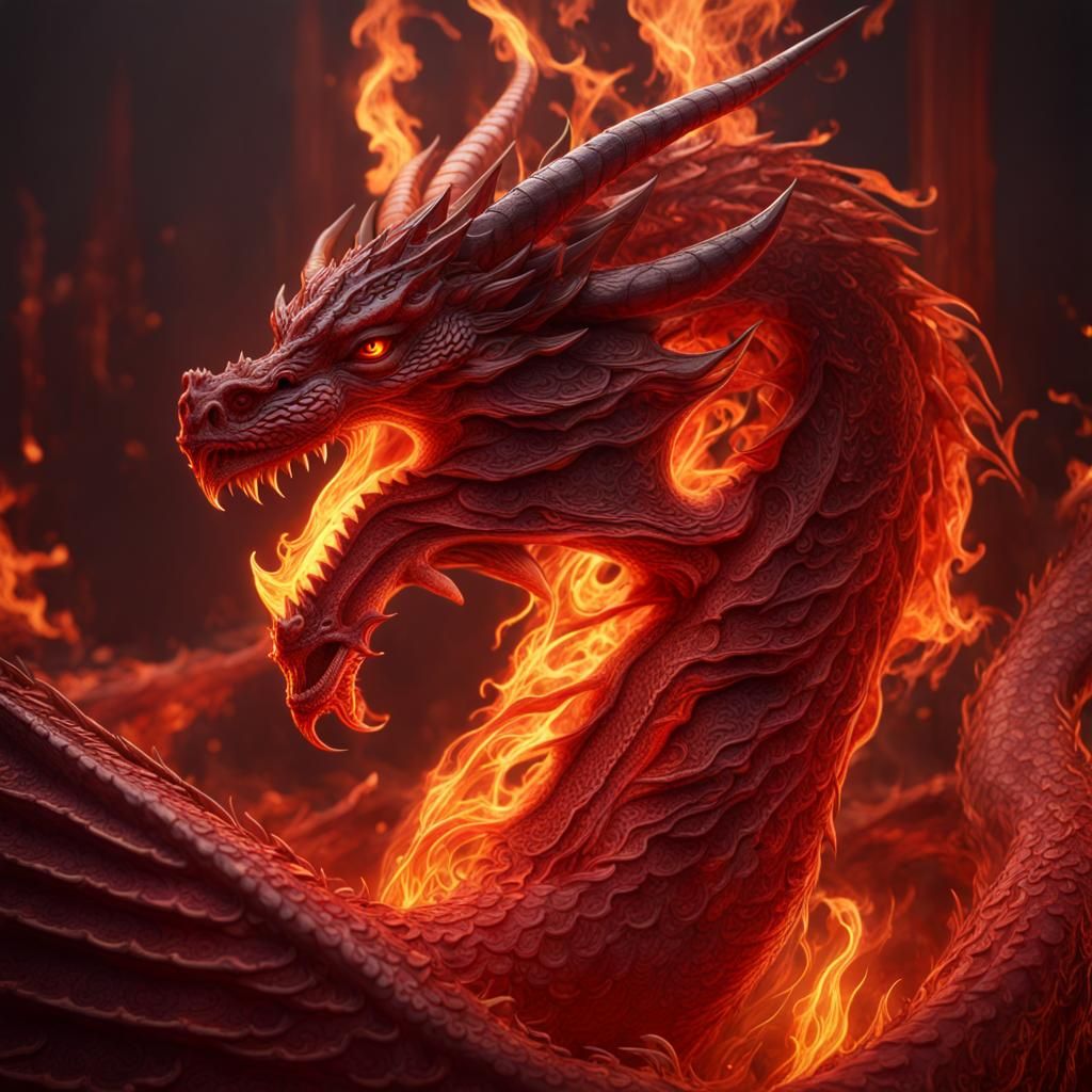 an ancient red dragon is surrounded by intricate, swirling f...