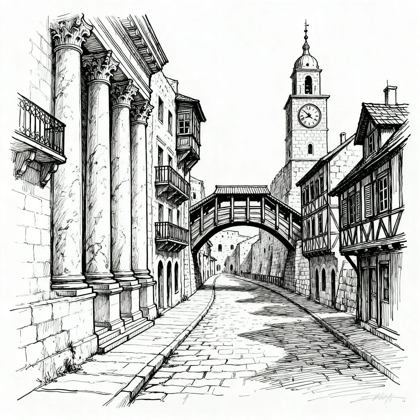 Old Jerusalem Street Sketch with Architectural Motifs