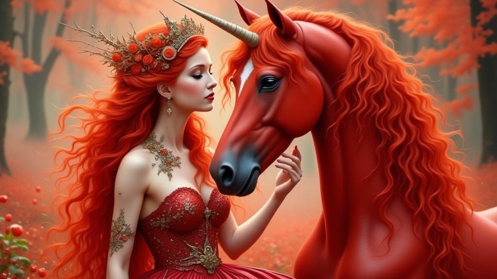 Fiery red head fairy, petting her fiery red unicorn  by @Jlo