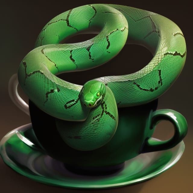 green snake curled up, resting, soaking in tea, inside of a teacup ...