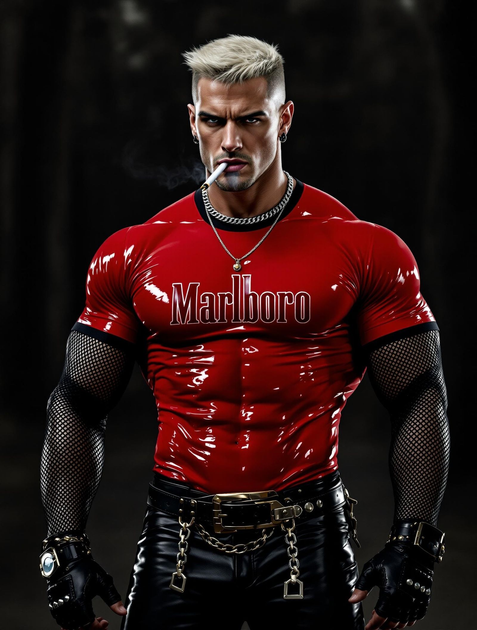 The man takes a few slow, confident steps forward. His muscles flex subtly beneath the tight latex shirt as the chains o...