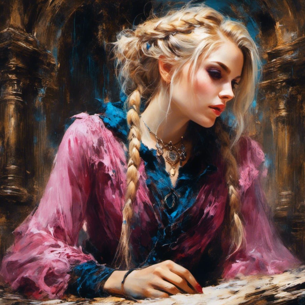 <lora:Macabre:1.0> pretty woman, blond hair,  braids, blue e...