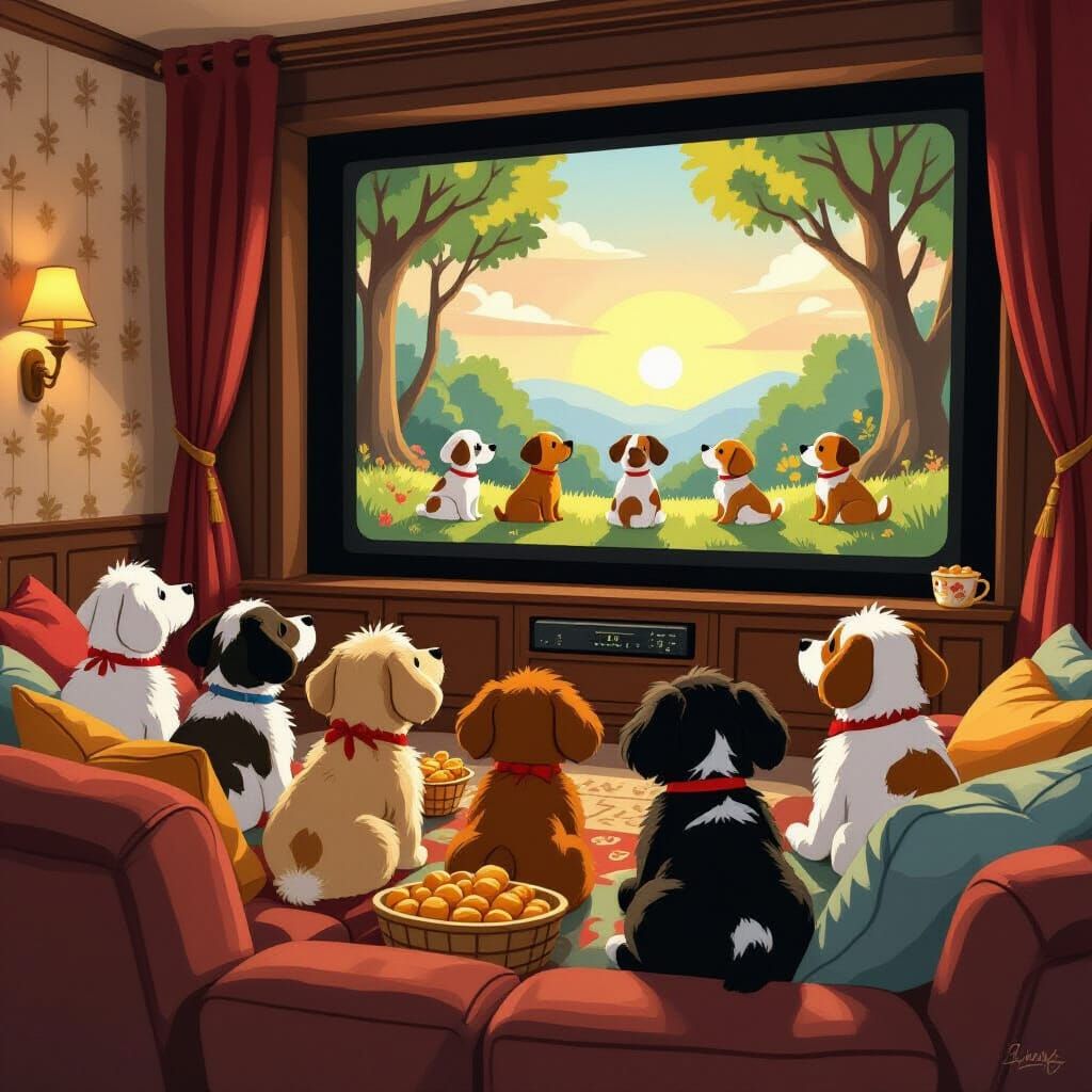 Dogs Enjoy Movie Night in Cozy Home Theater