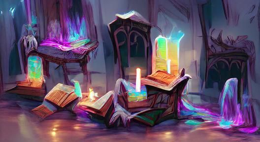 Fantasy library filled with books and candles