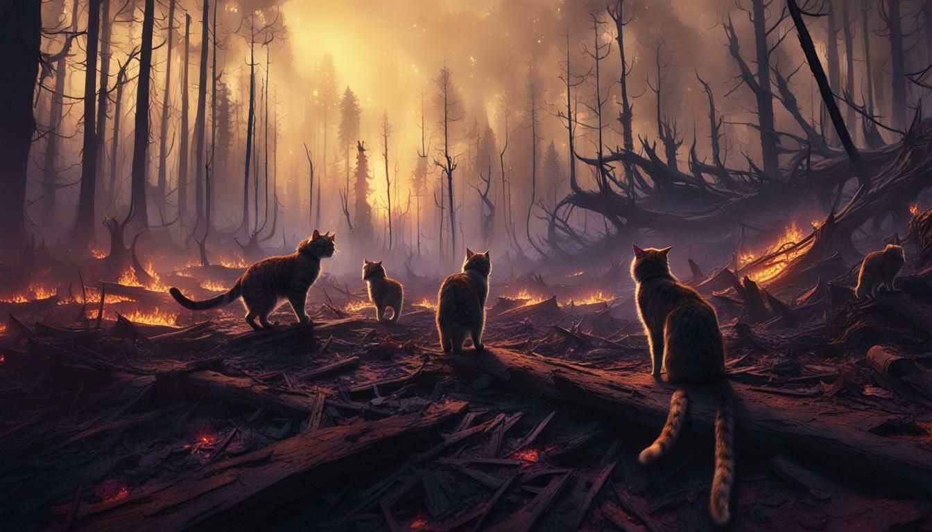 Cats walking through a big completely burned down forest.