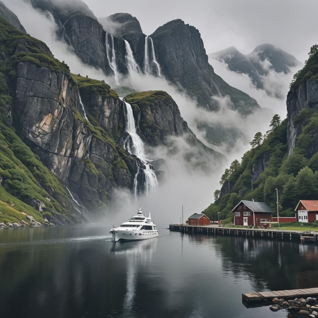 Norwegian canal, yacht sitting in still water, mountains, waterfall ...