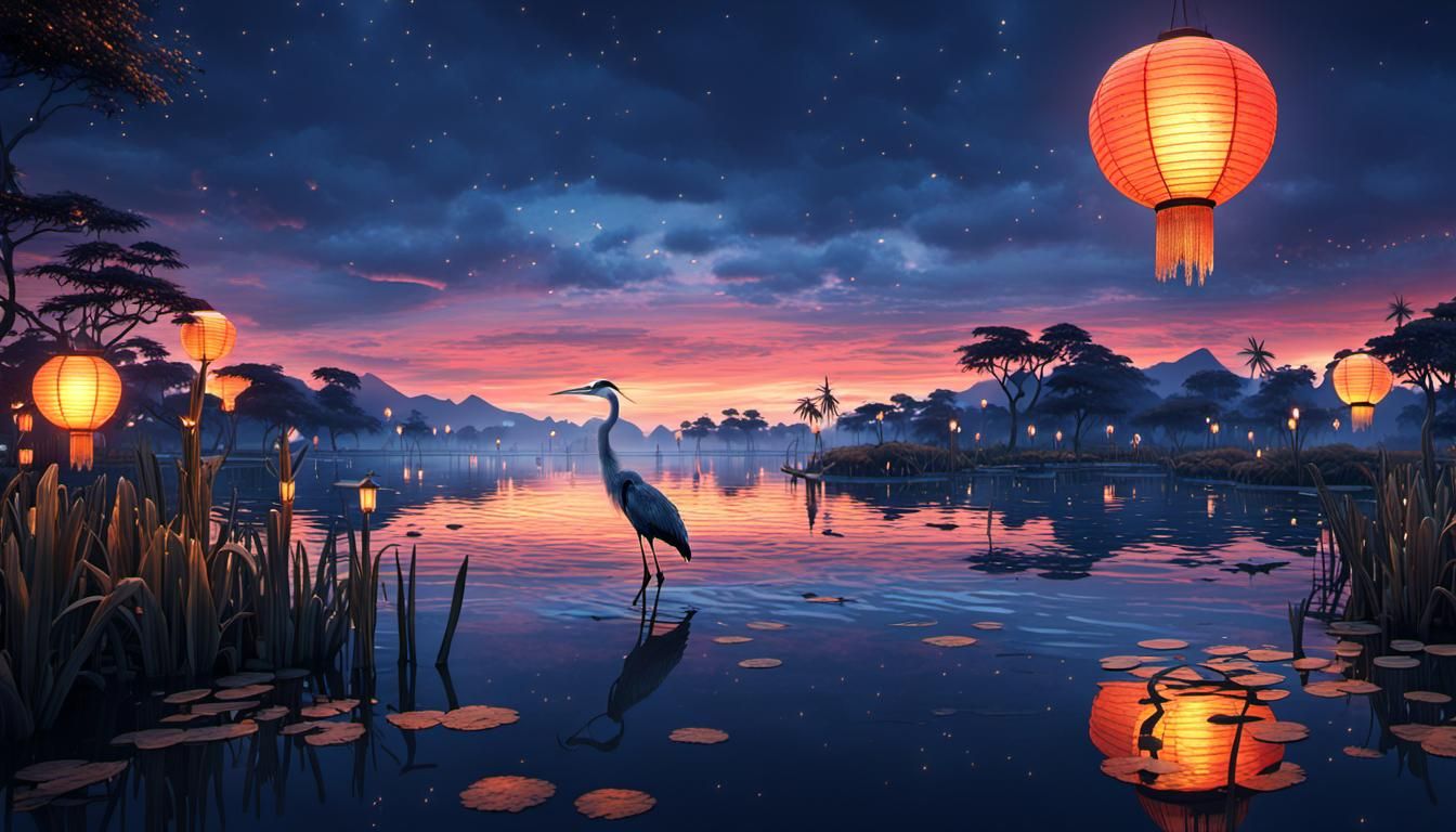 Beautiful paper lanterns in the sky, with a stunning, elegant heron on the lagoon at sunset   by @DW