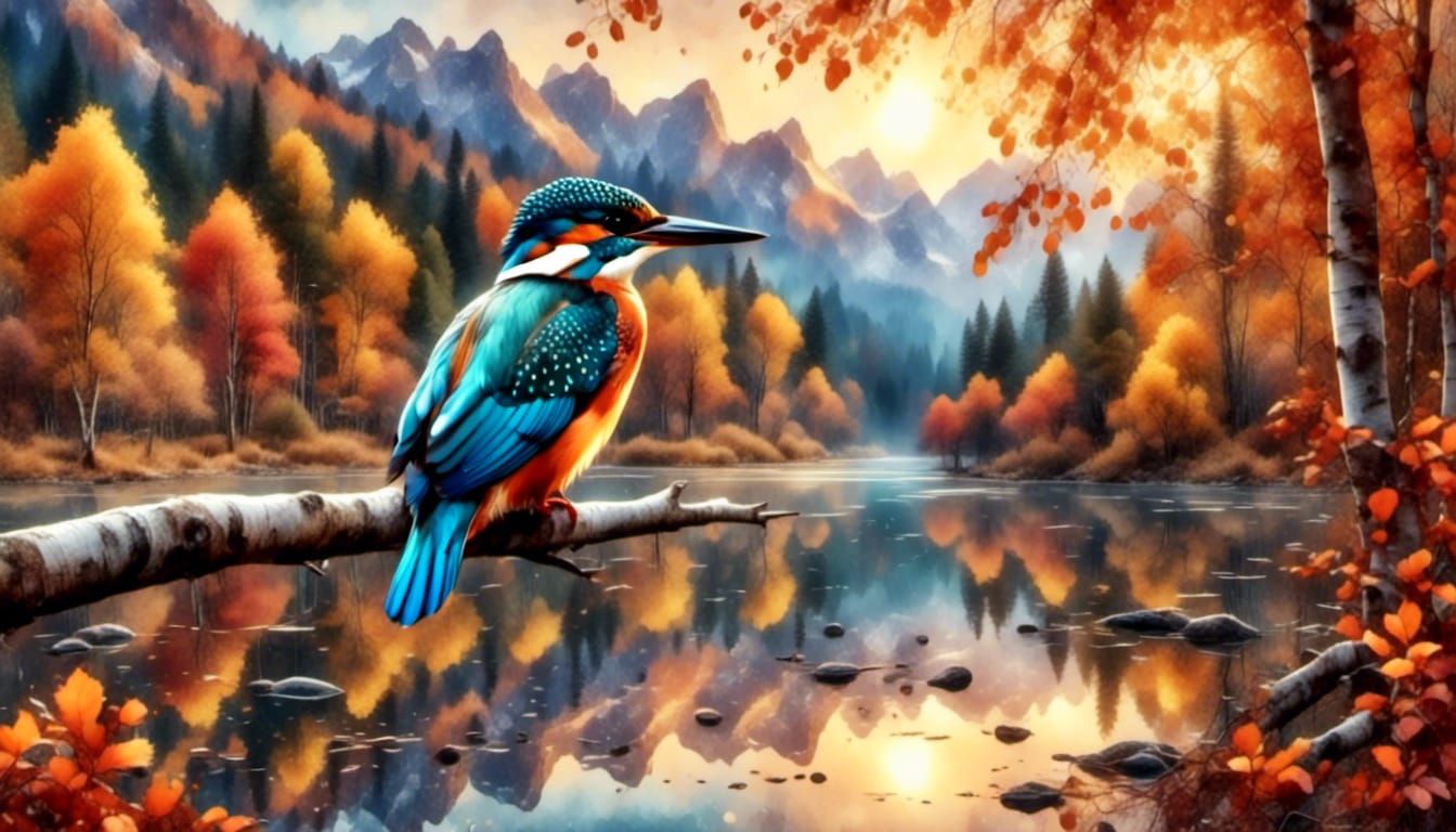 a kingfisher sitting on a birch branch in autumn colors   by @aurora-nova1
