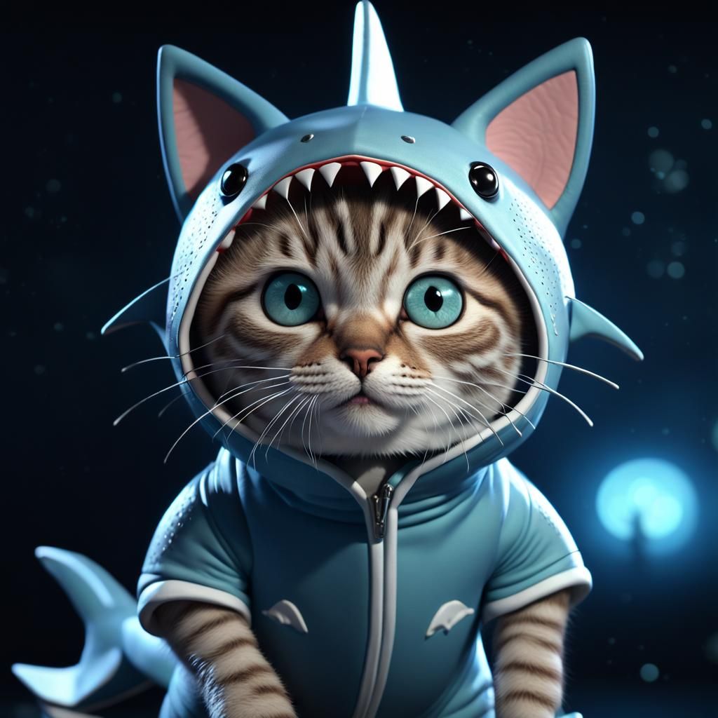 "a photo realistic 3D animation of a cute cat wearing a shark costume, gorgeous eyes; extreme detail; ...  by @Luna