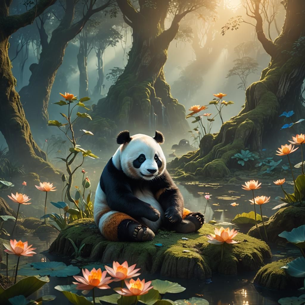 Mystical Panda on Lotus Flower in Ethereal Forest