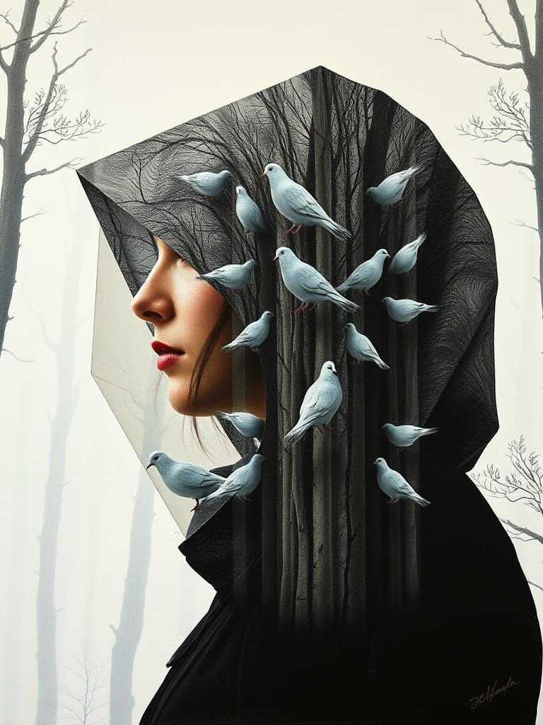 Portrait Posed, Double-Exposure cloaked profile, Cubicuboctahedron,  Exploded Assembly,  oils, Elisabeth ...  by @BunnyBear 