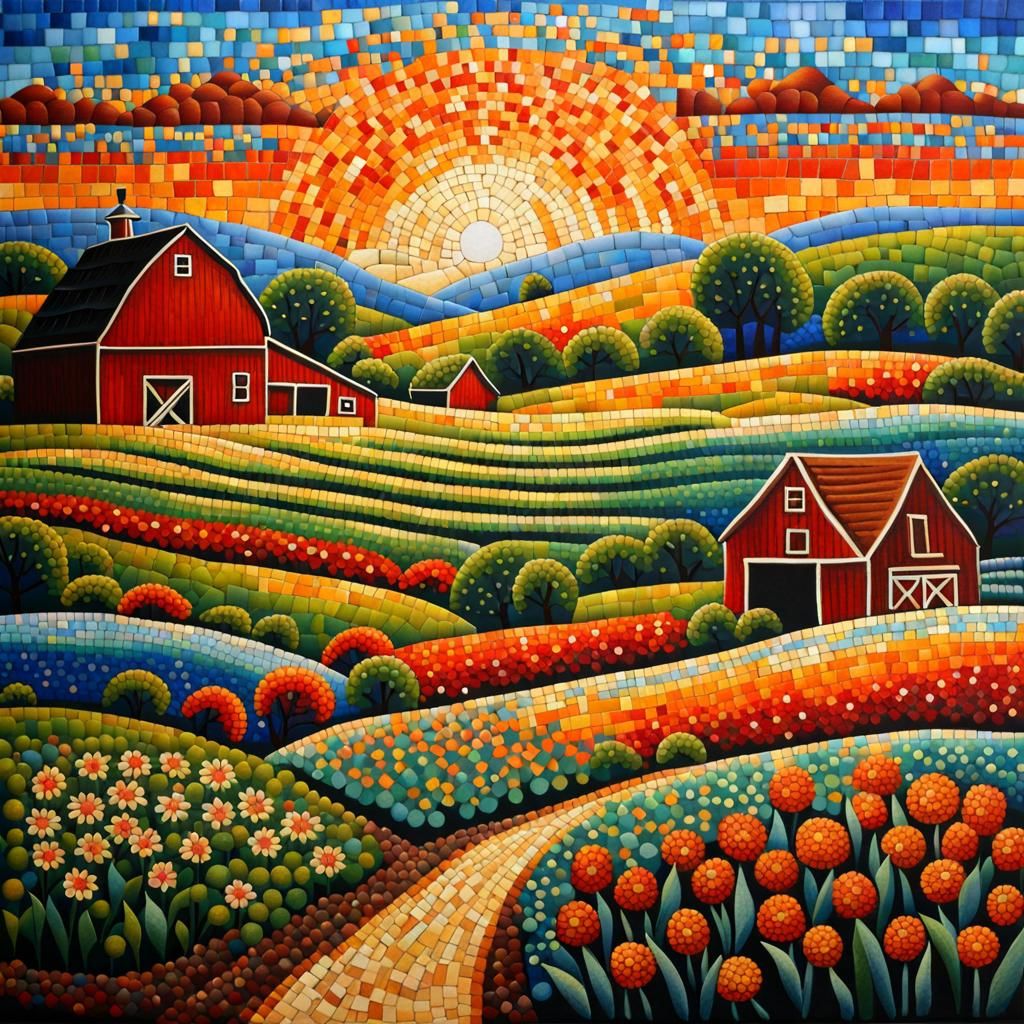mosaic folk art pointillism bucolic farm fields sunset